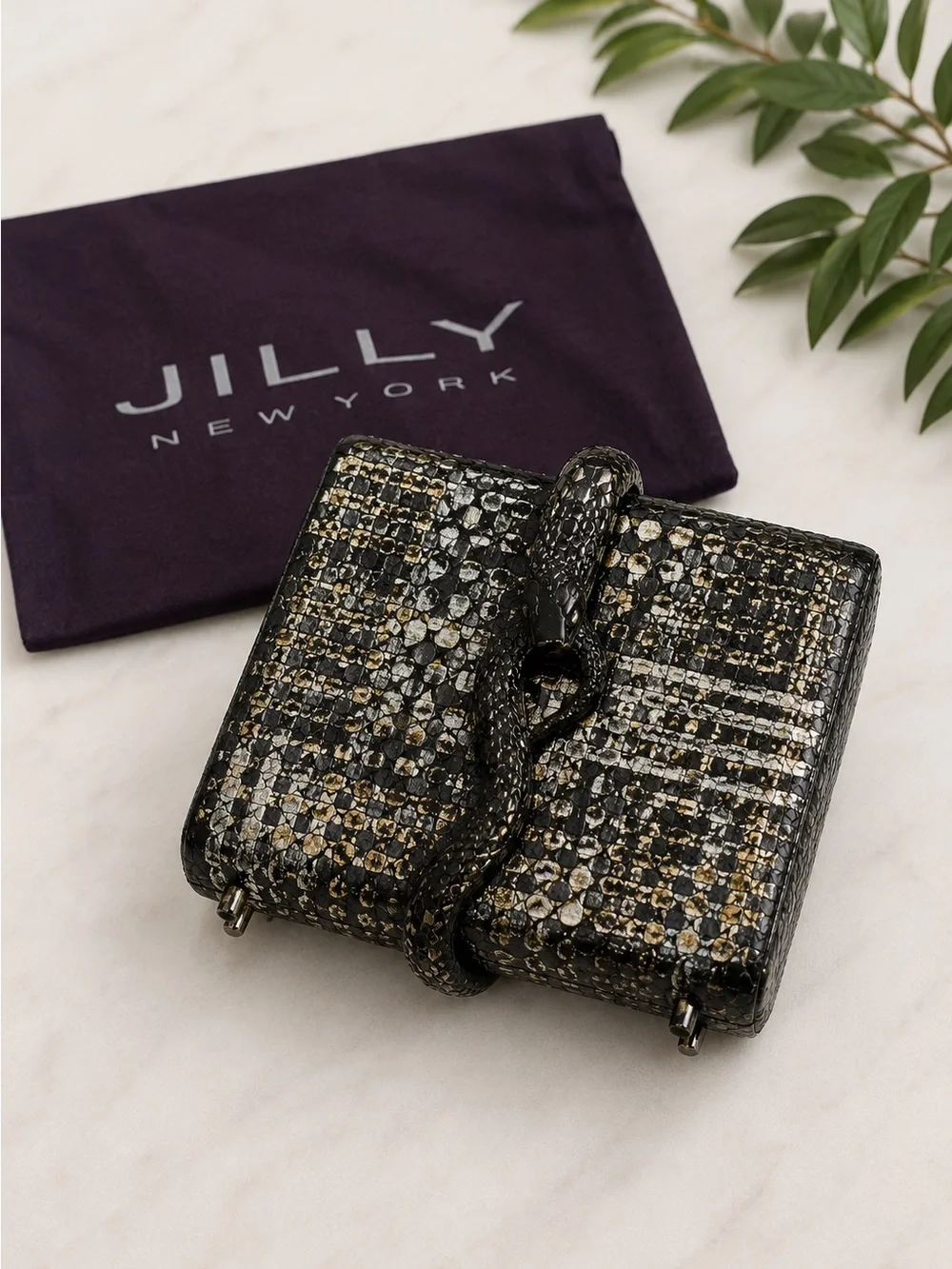 Jilly New York Black Metallic Exotic Skin Leather Clutch Bag w/ Dust Bag